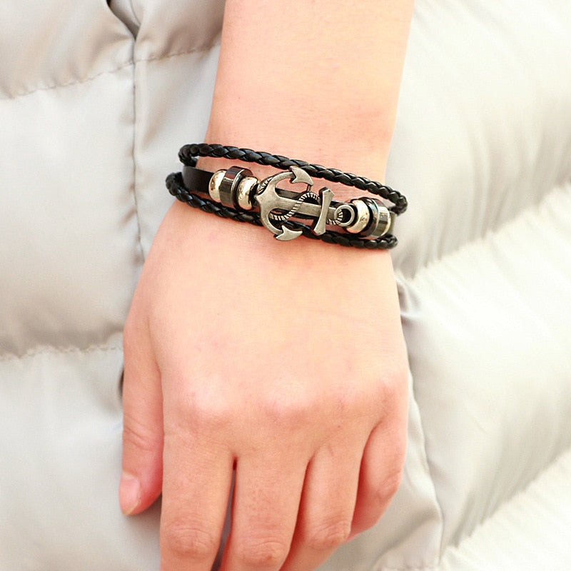 Vegan Leather Bracelet with Multi Layers and Anchor