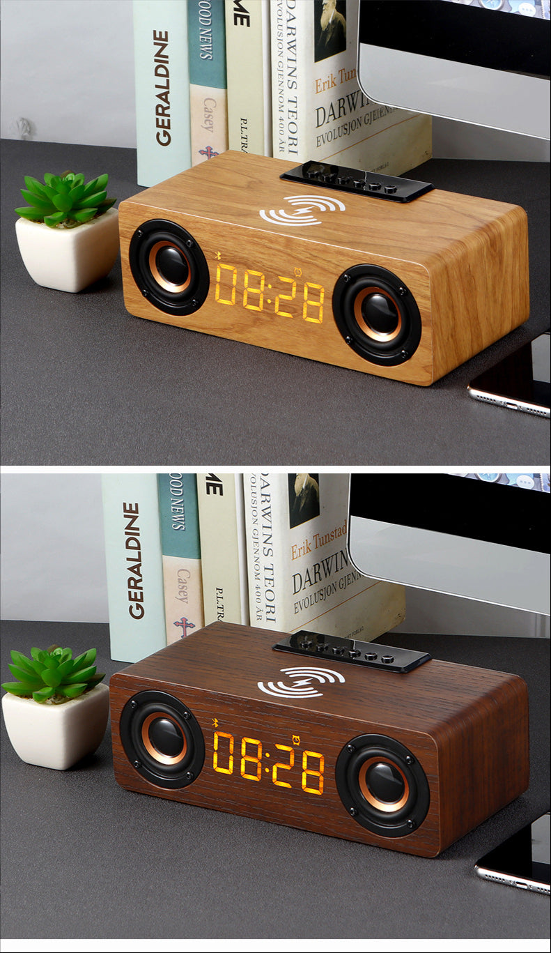 Retro-inspired Wooden Alarm Clock Radio with Wireless Charging and Bluetooth Speaker