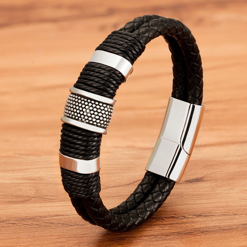 Stainless Steel Accented Vegan Leather Wristband