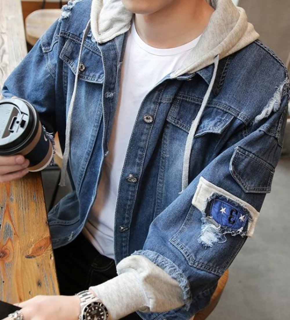 Layered Look Men's Denim Jean Jacket with Hood