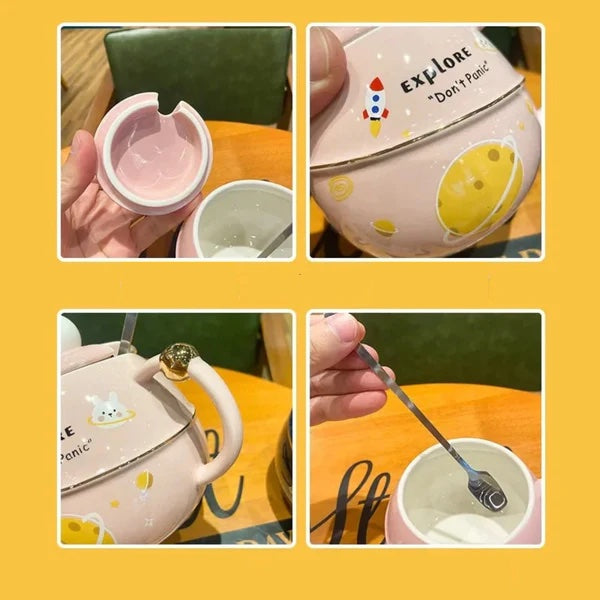 500ML Lid Coffee Mug with Space Cartoon Design