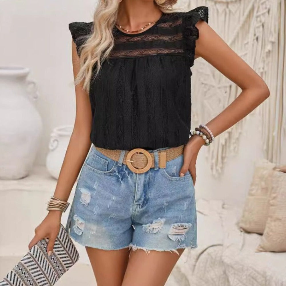 Slim Cut Sleeveless Embroidered Lace Summer Blouse