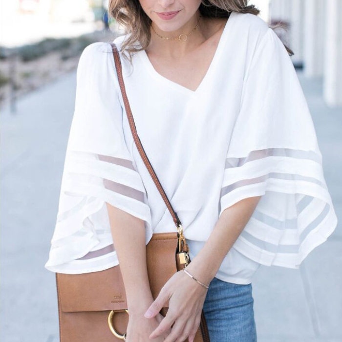 Chiffon Top with Batwing Sleeves and V-Neck for Women