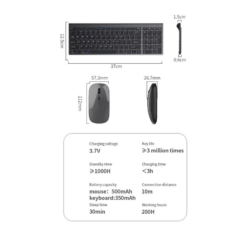 Dual Mode Wireless Ultra Slim Full Size Keyboard and Mouse Set