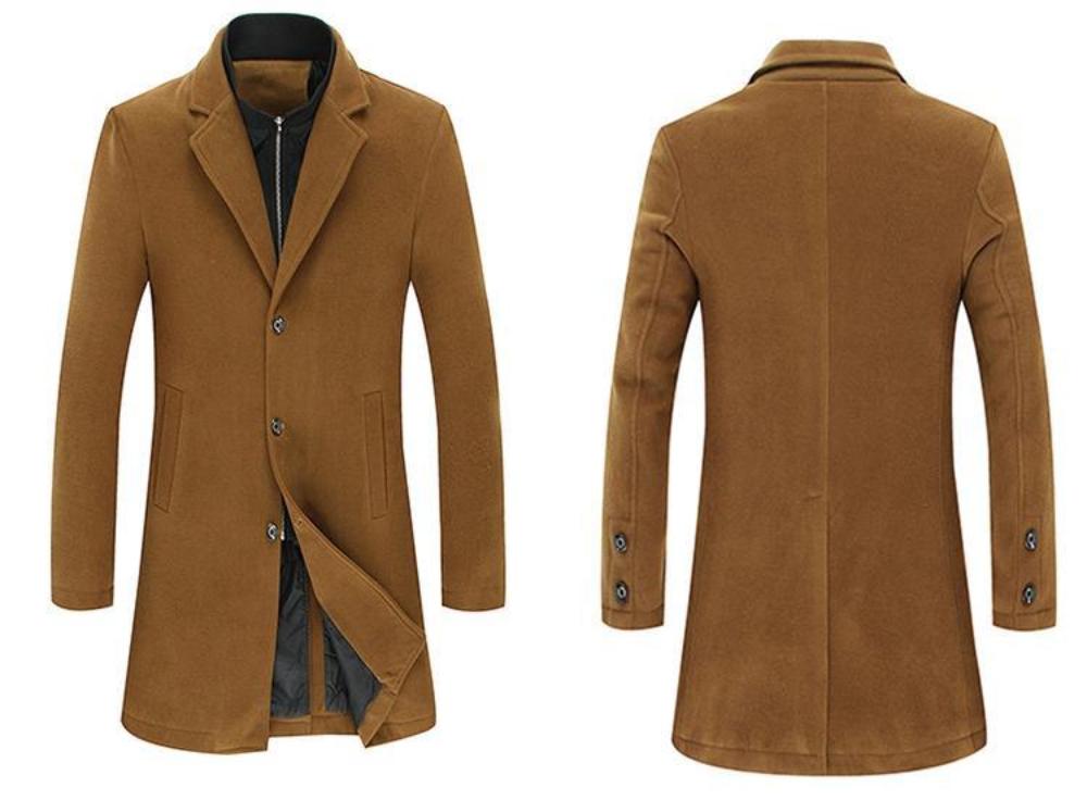 Mens Brown Classic Mid Length Wool Blend Coat with Dual Collar