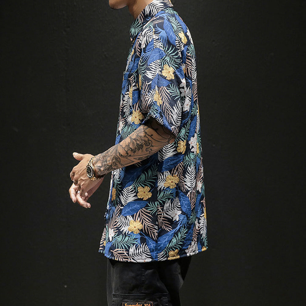 Yellow Hibiscus Print Short Sleeve Oversized Men's Hawaiian Shirt