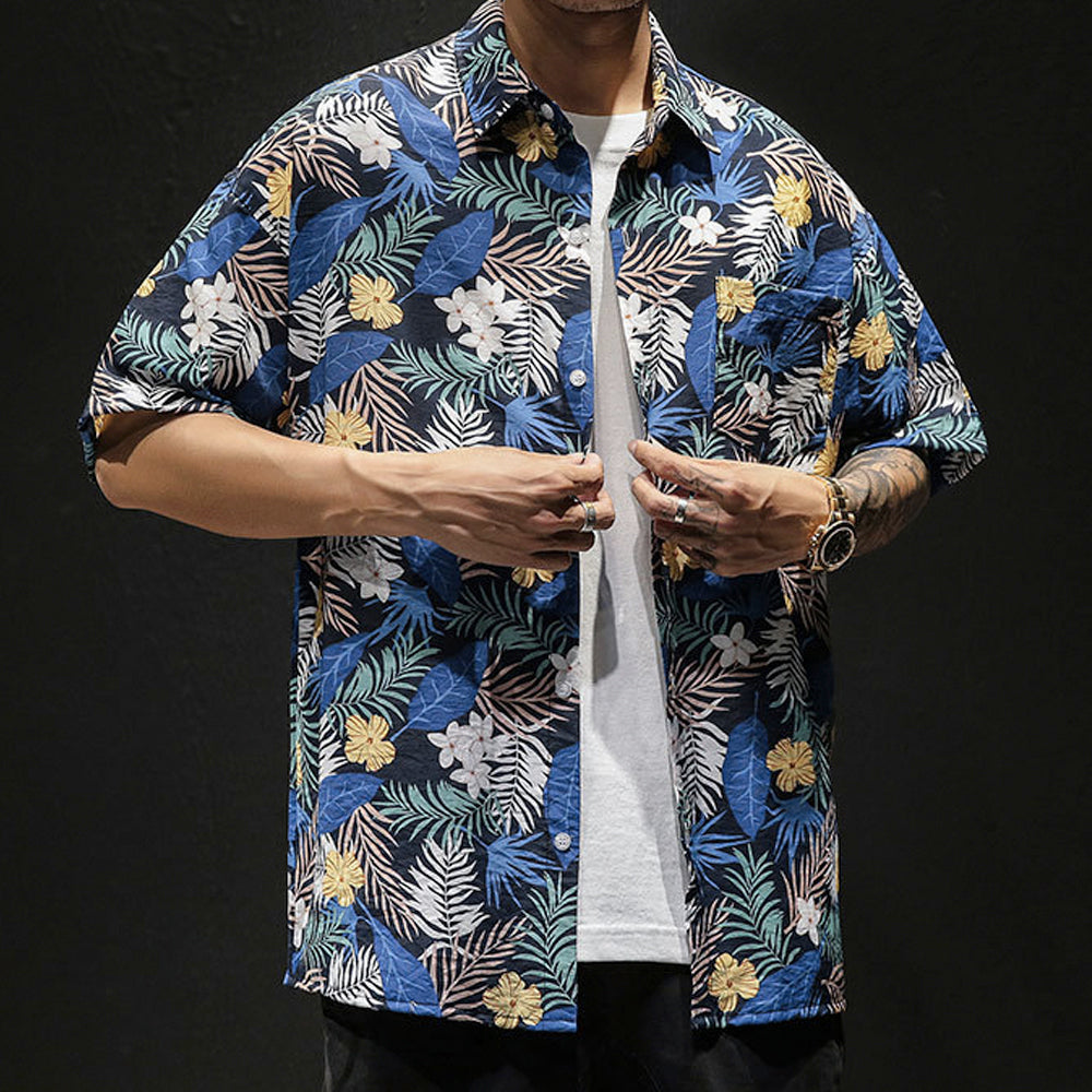 Yellow Hibiscus Print Short Sleeve Oversized Men's Hawaiian Shirt