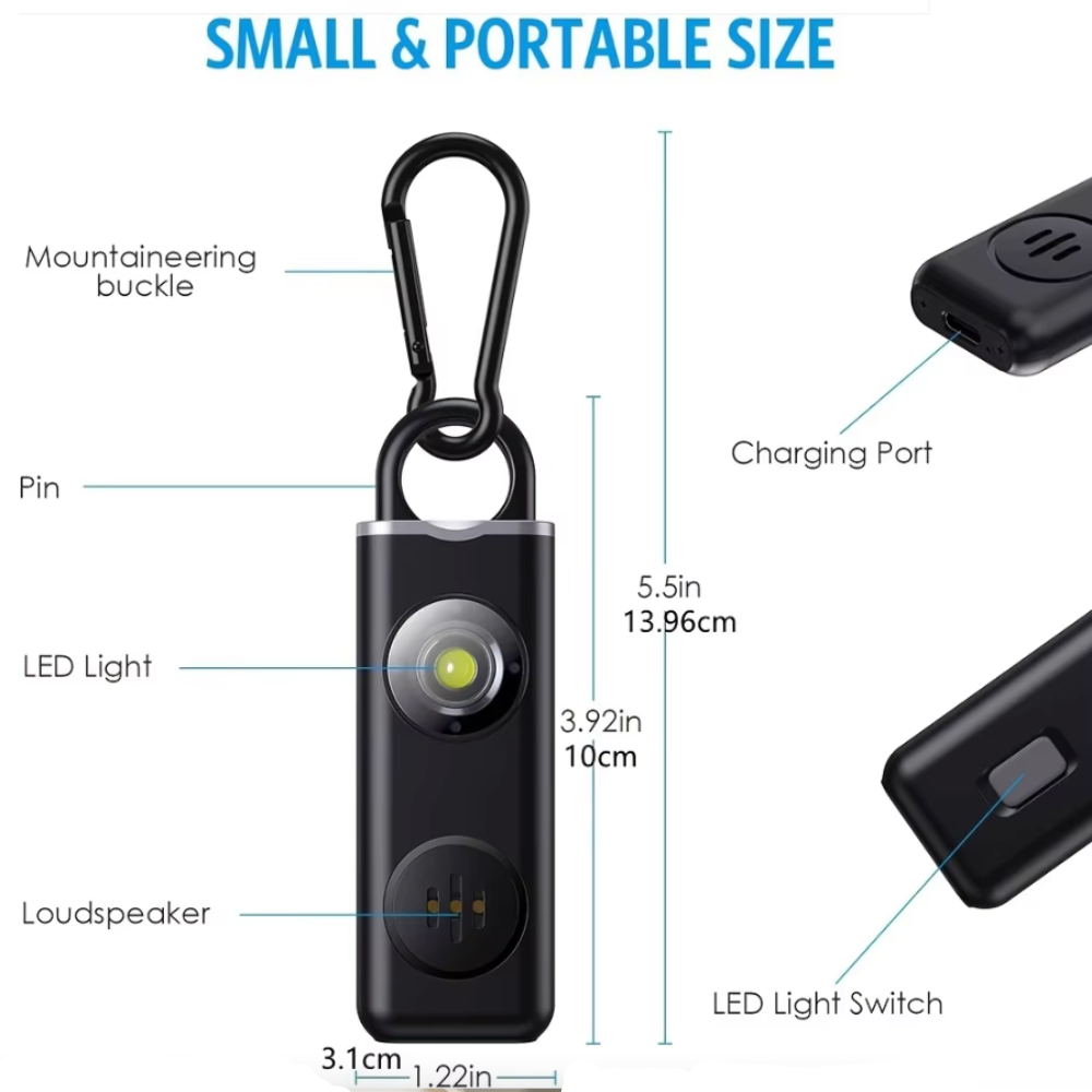 Personal Safety Keychain with Rechargeable Alarm and Flashlight