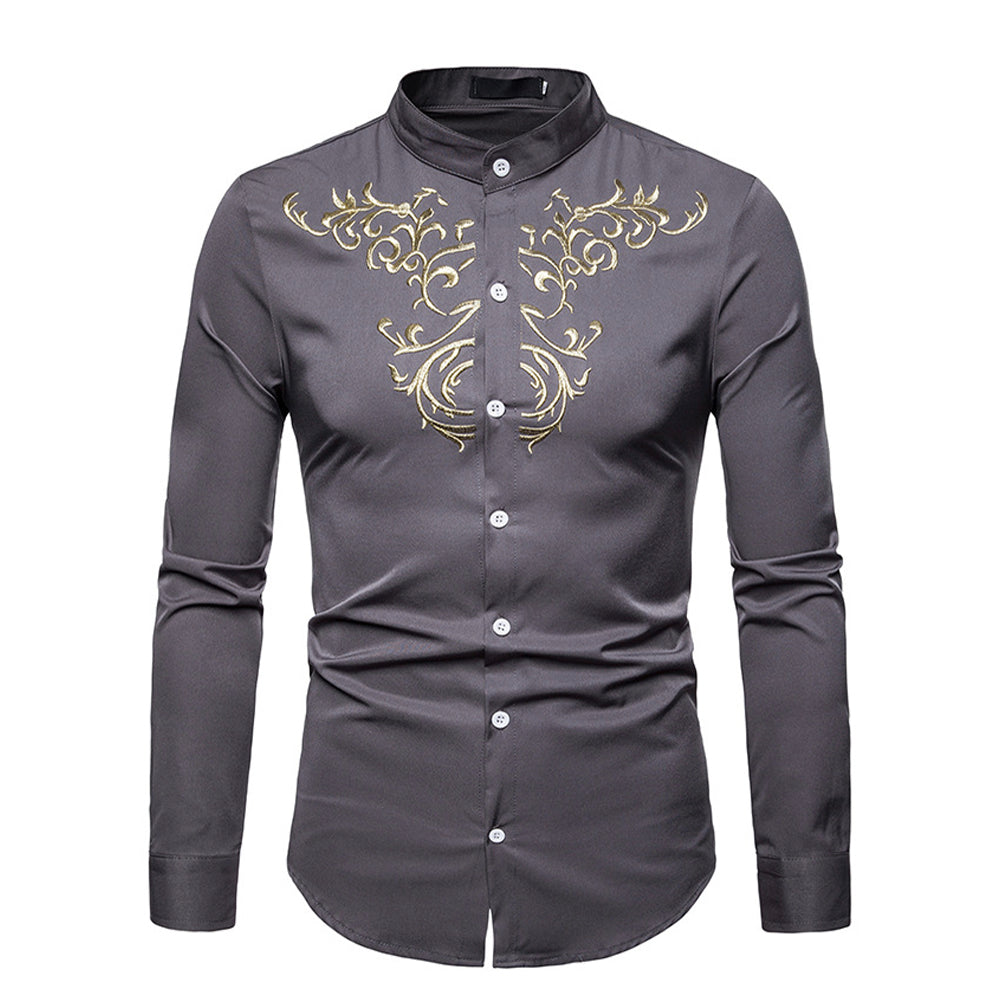 Slim Fit Men's Floral Embroidered Button Down Shirt