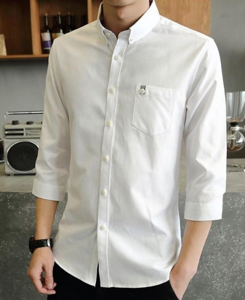 Slim Fit Button-Up Shirt with Three-Quarter Sleeves for Men