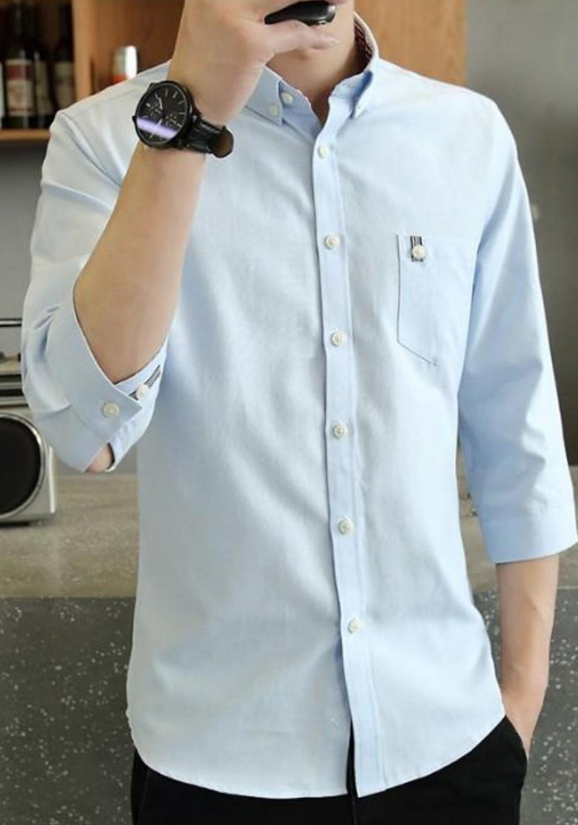 Slim Fit Button-Up Shirt with Three-Quarter Sleeves for Men