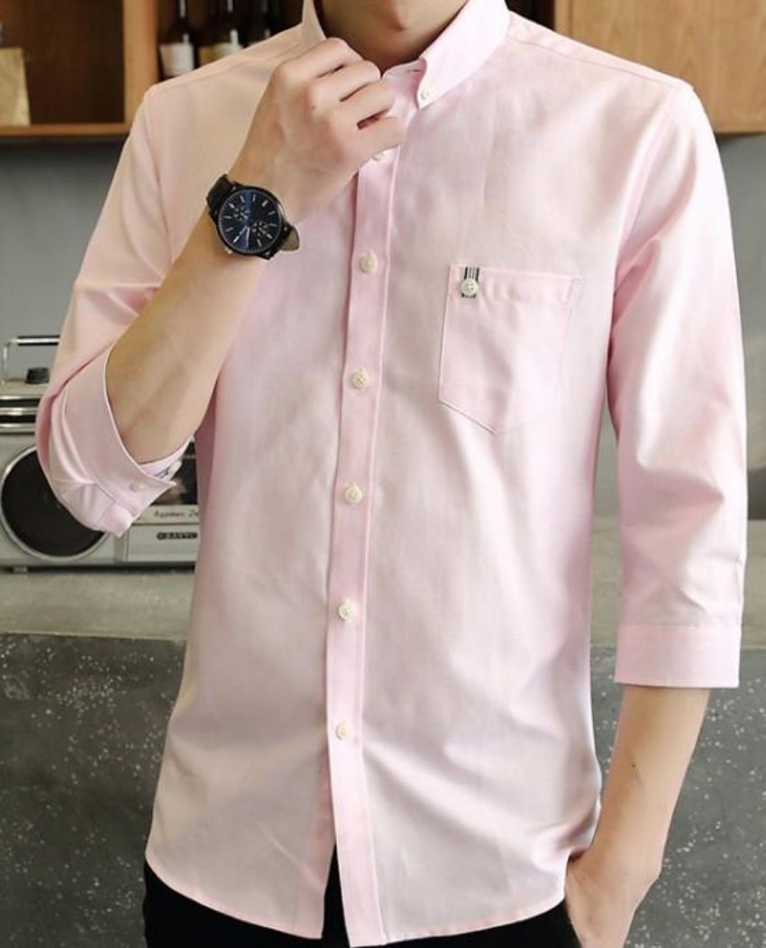 Slim Fit Button-Up Shirt with Three-Quarter Sleeves for Men