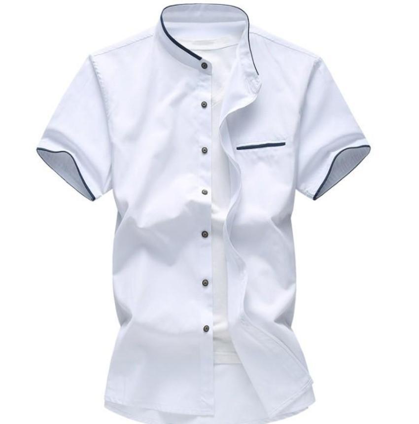 White Stand Collar Shirt for Men with Pocket Embellishments