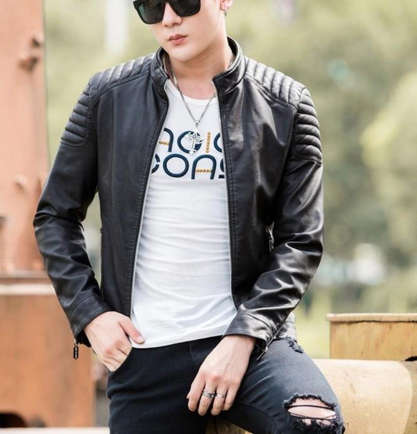 Slim-Fit Red Faux Leather Biker Jacket for Men