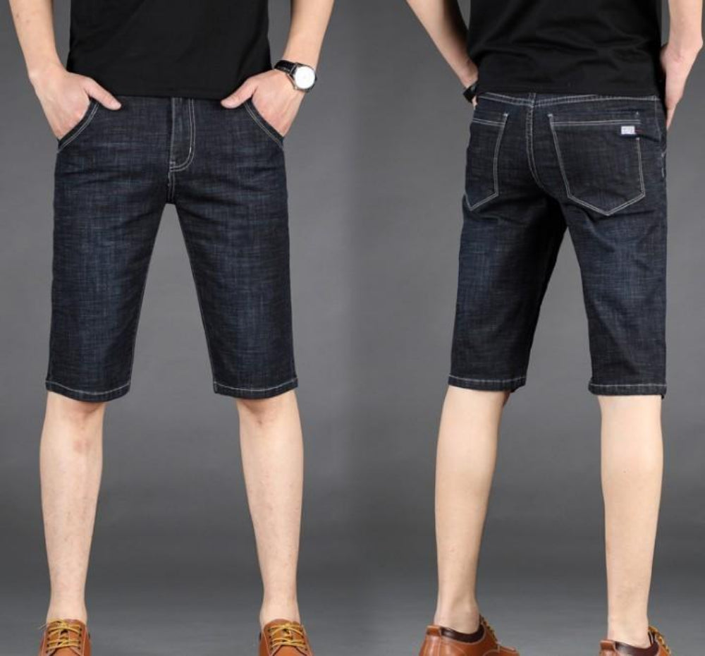 Slim Fit Black Denim Shorts for Men - Mid Length
