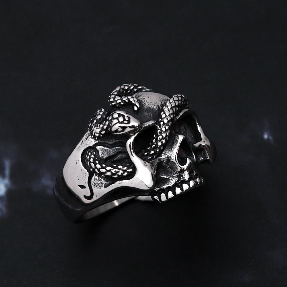 Snake-Embellished Skull Ring