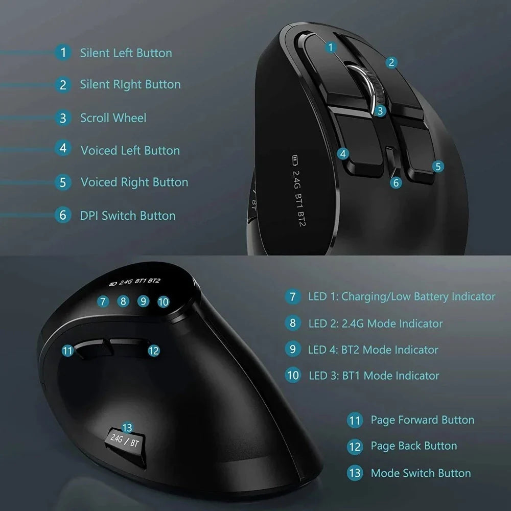 Wireless Vertical Mouse with Bluetooth and 2.4Ghz Dual Mode