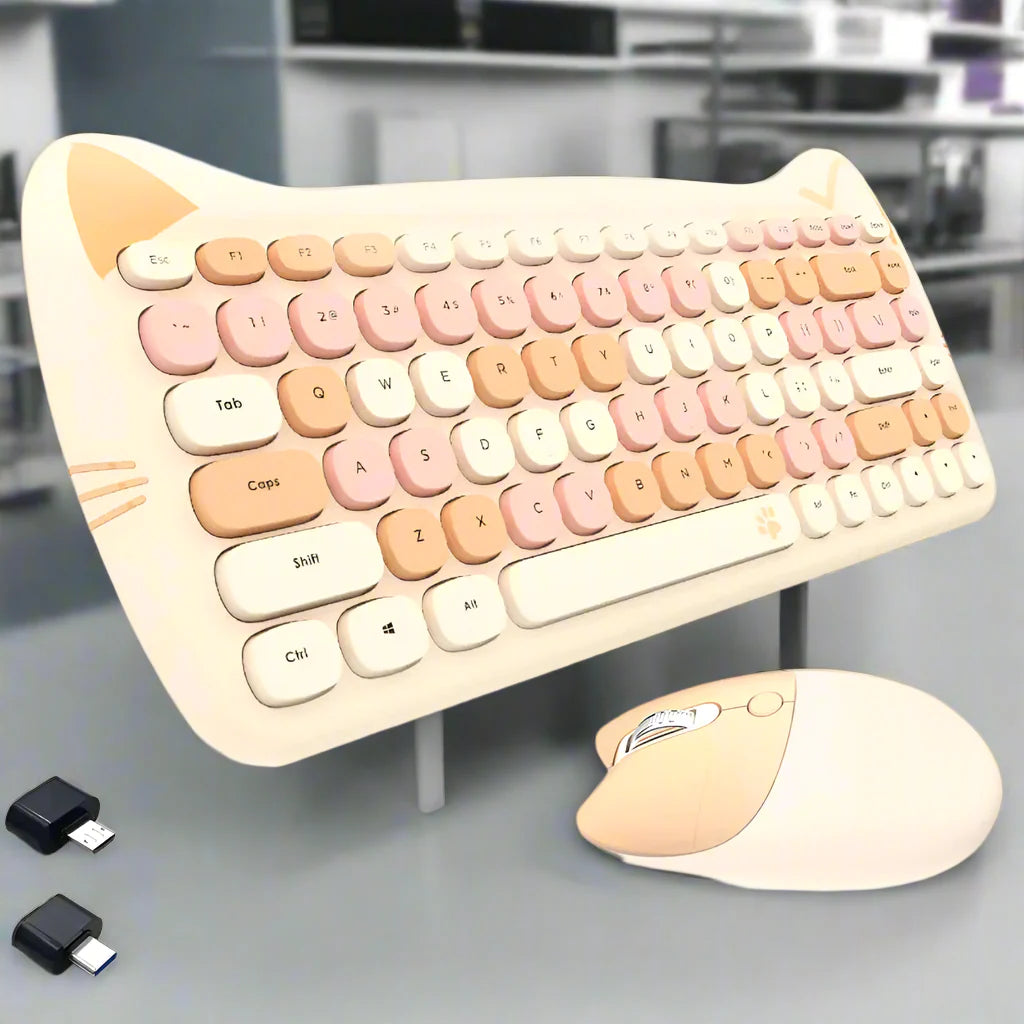 Wireless Keyboard and Mouse Kit with Feline Design