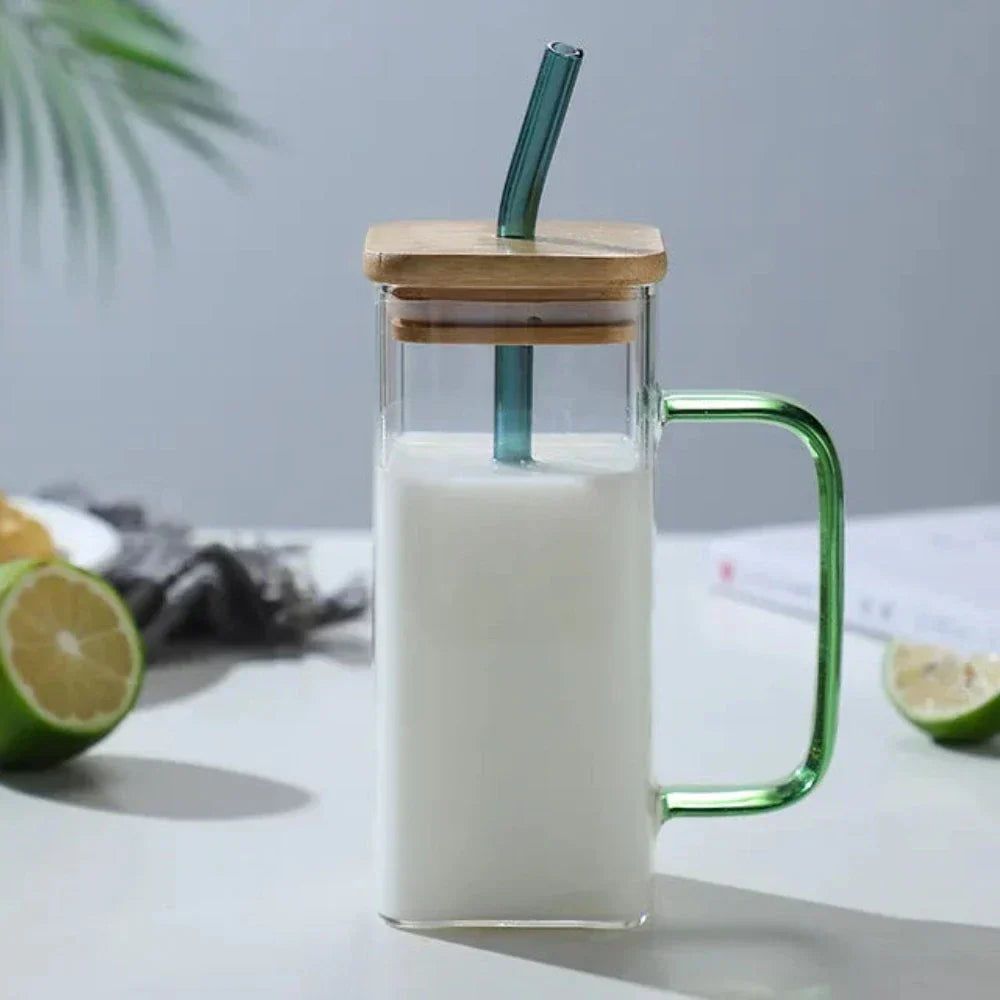 Square Glass Tumbler with Leak-Proof Cover and Eco-Friendly Straw, 400ml Capacity