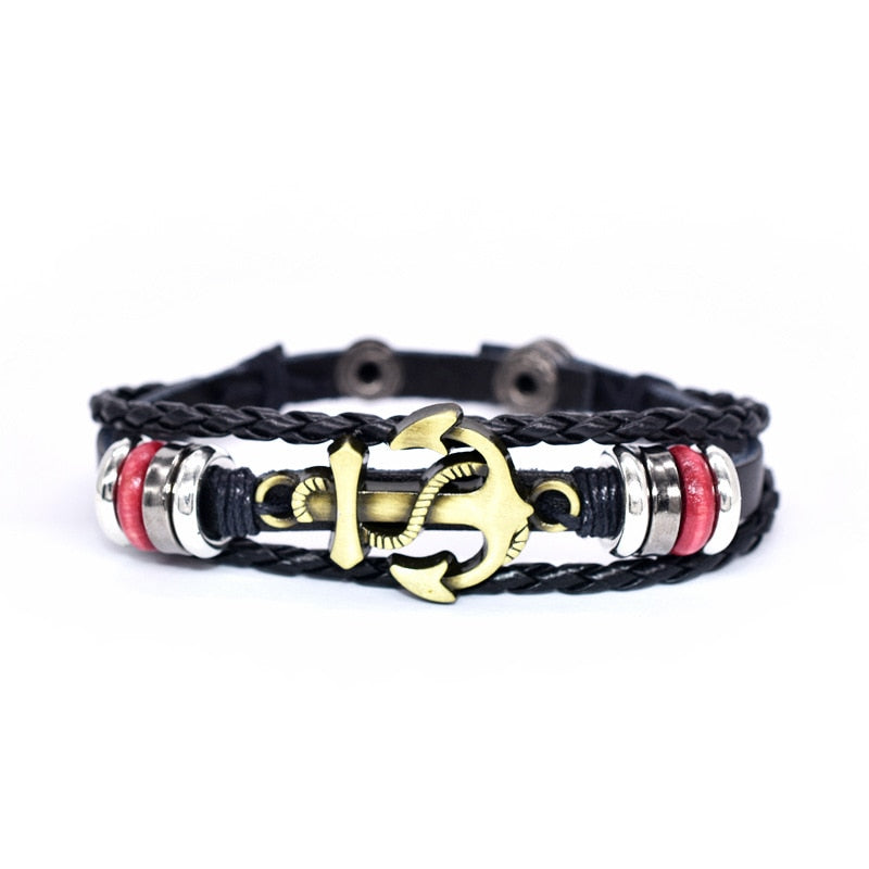 Vegan Leather Bracelet with Multi Layers and Anchor