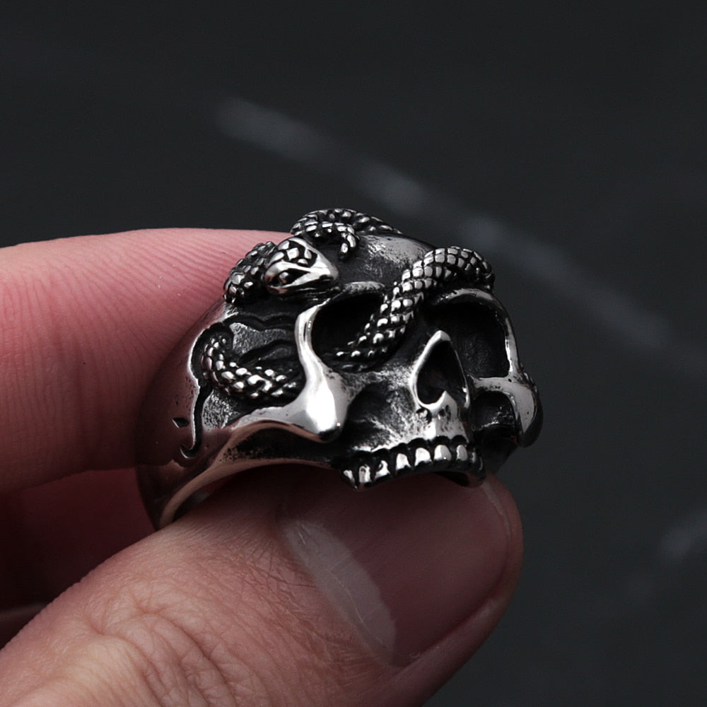 Snake-Embellished Skull Ring