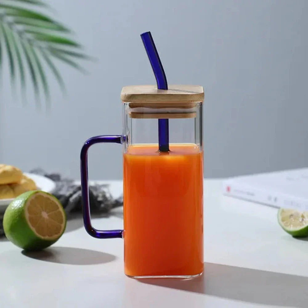 Square Glass Tumbler with Leak-Proof Cover and Eco-Friendly Straw, 400ml Capacity