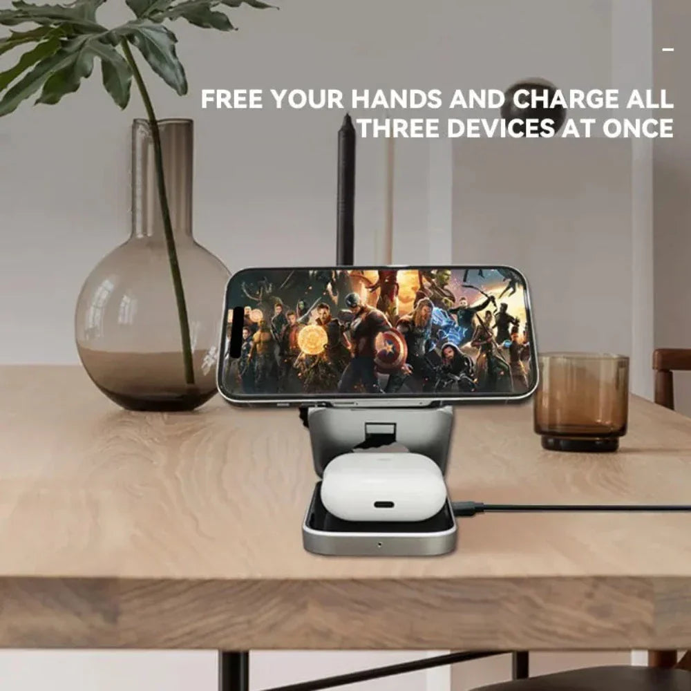 3 in 1 Foldable Phone Stand with Wireless Charging Capability