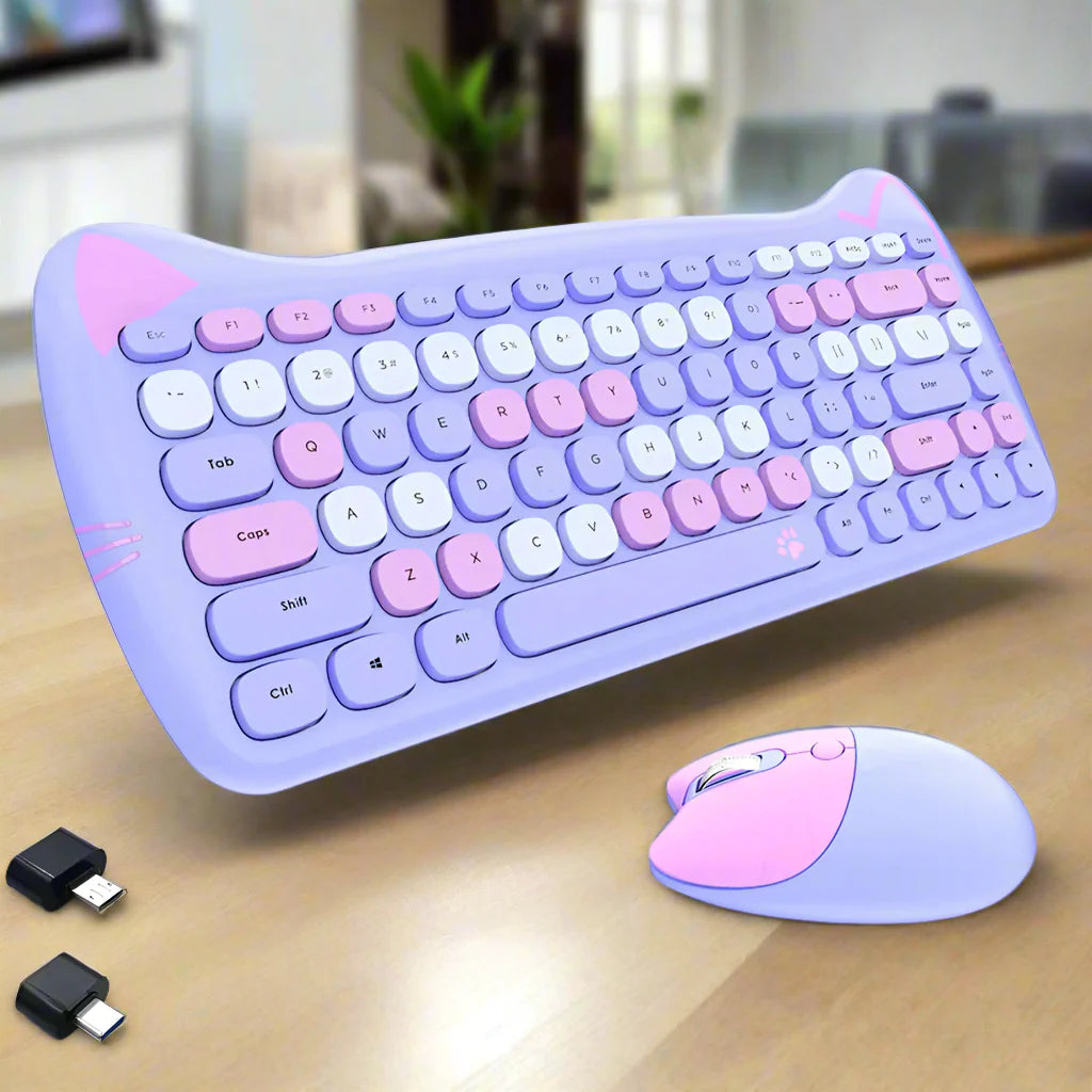 Wireless Keyboard and Mouse Kit with Feline Design