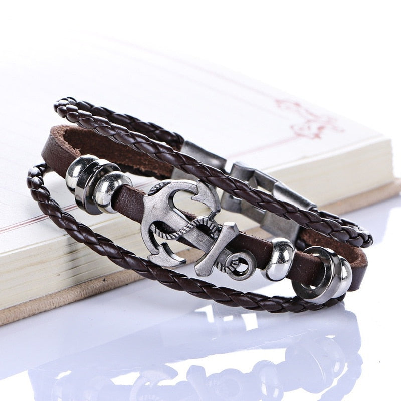 Vegan Leather Bracelet with Multi Layers and Anchor