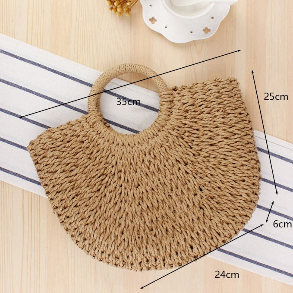 Summer Top Handle Circular Straw Bag