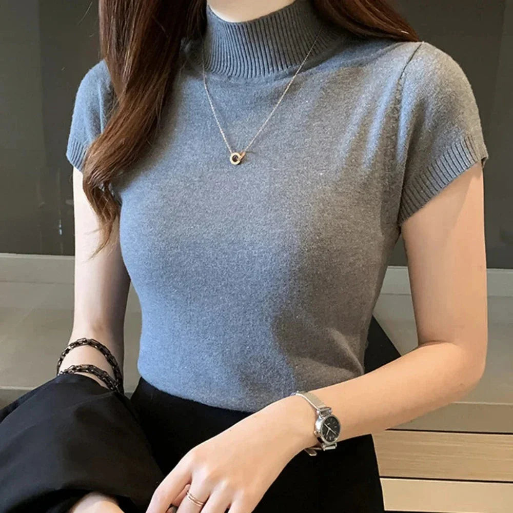 Slim Fitting Short Sleeve Turtle Neck Knitted Top for Women
