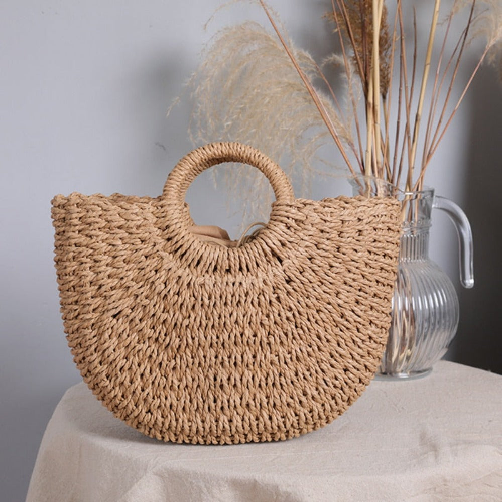 Summer Top Handle Circular Straw Bag