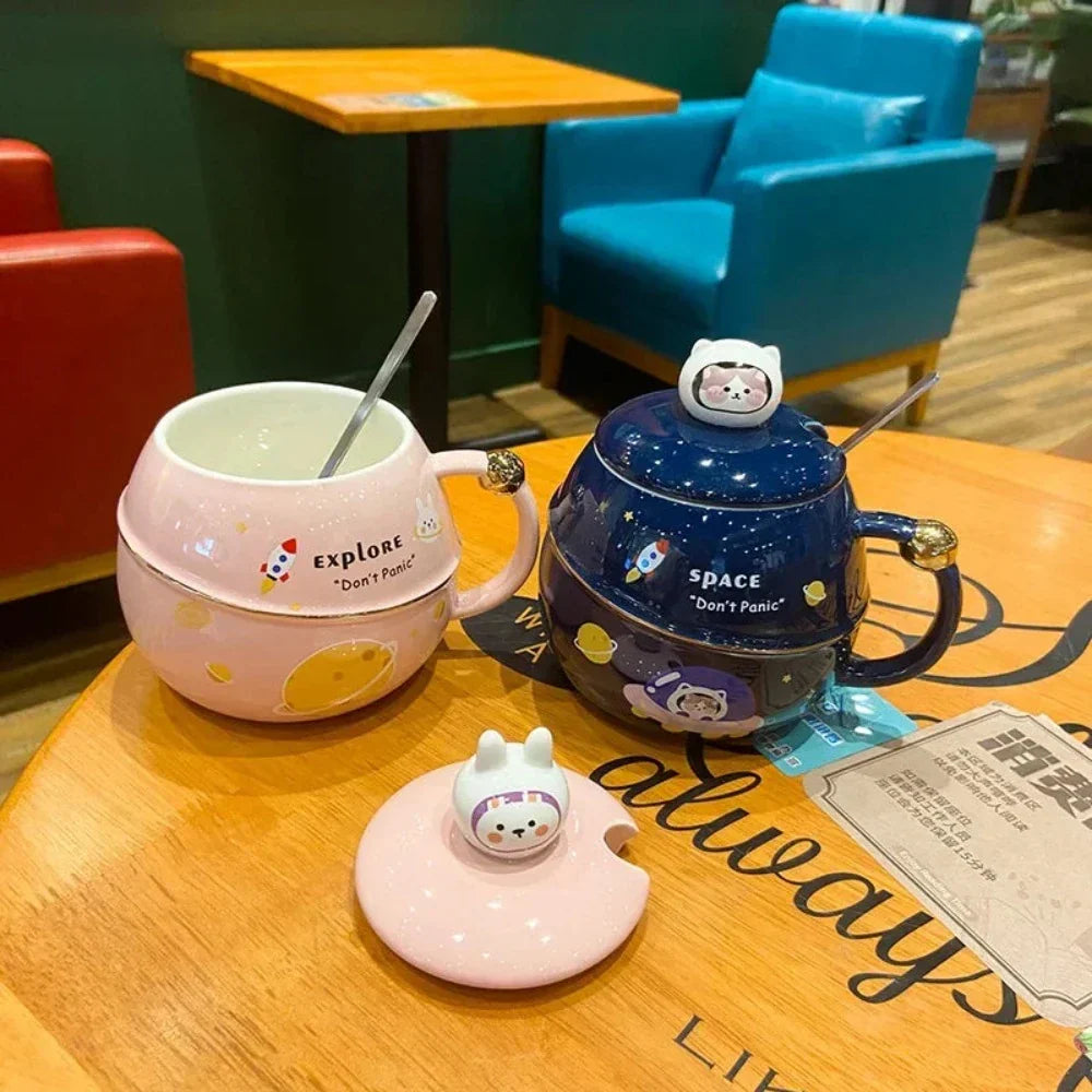 500ML Lid Coffee Mug with Space Cartoon Design