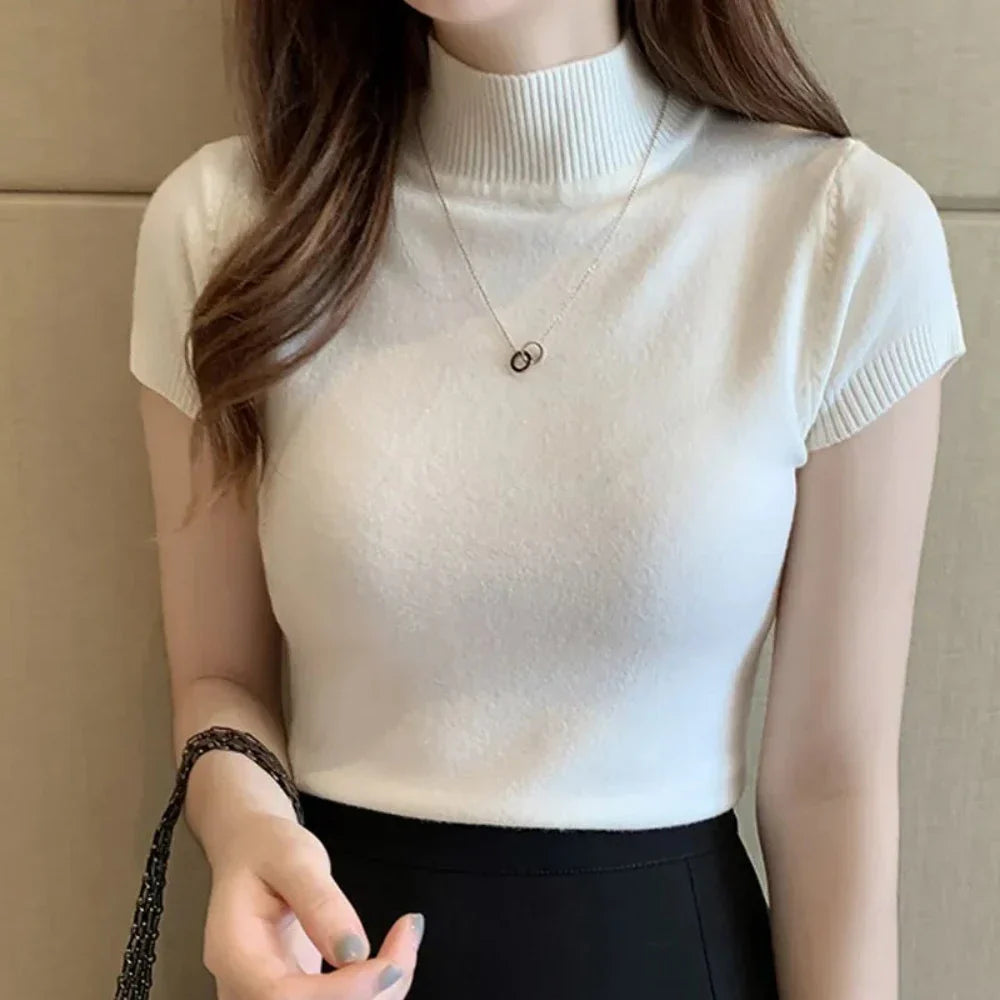 Slim Fitting Short Sleeve Turtle Neck Knitted Top for Women