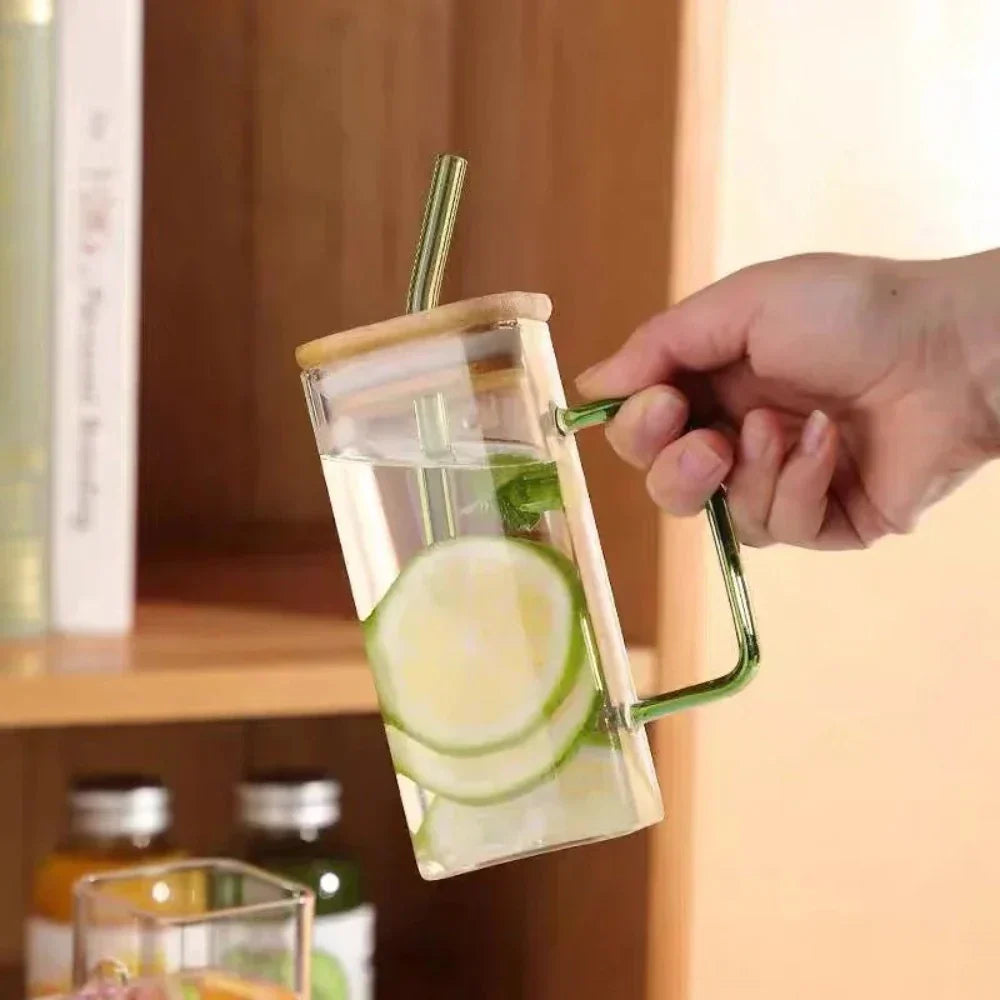 Square Glass Tumbler with Leak-Proof Cover and Eco-Friendly Straw, 400ml Capacity