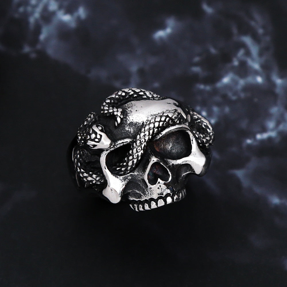 Snake-Embellished Skull Ring