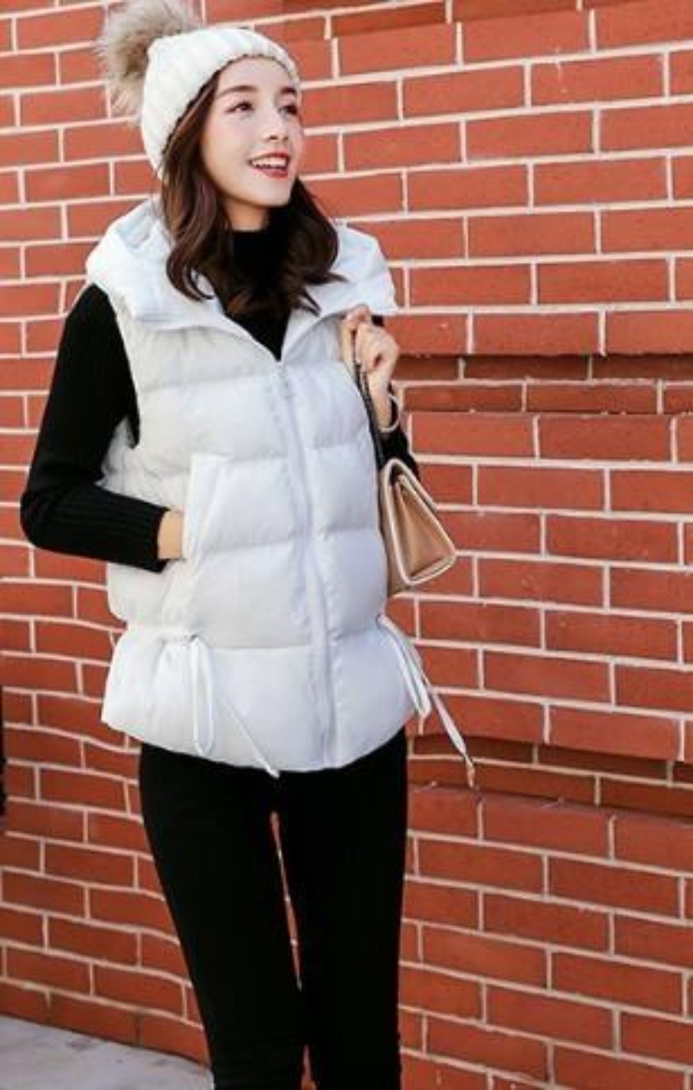 White Women's Puffer Vest with Zipper Closure and Hood