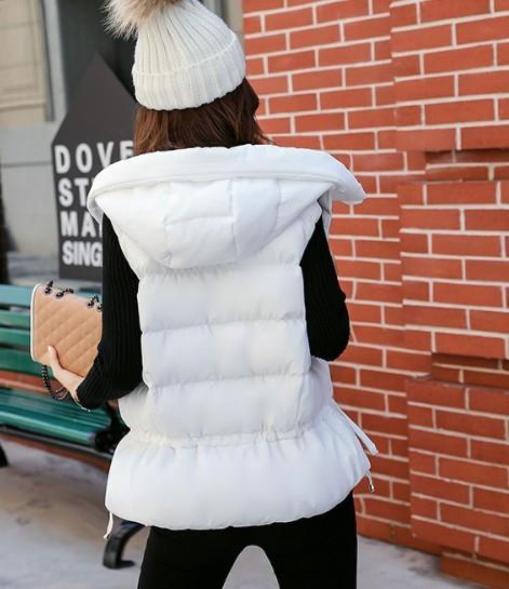 White Women's Puffer Vest with Zipper Closure and Hood