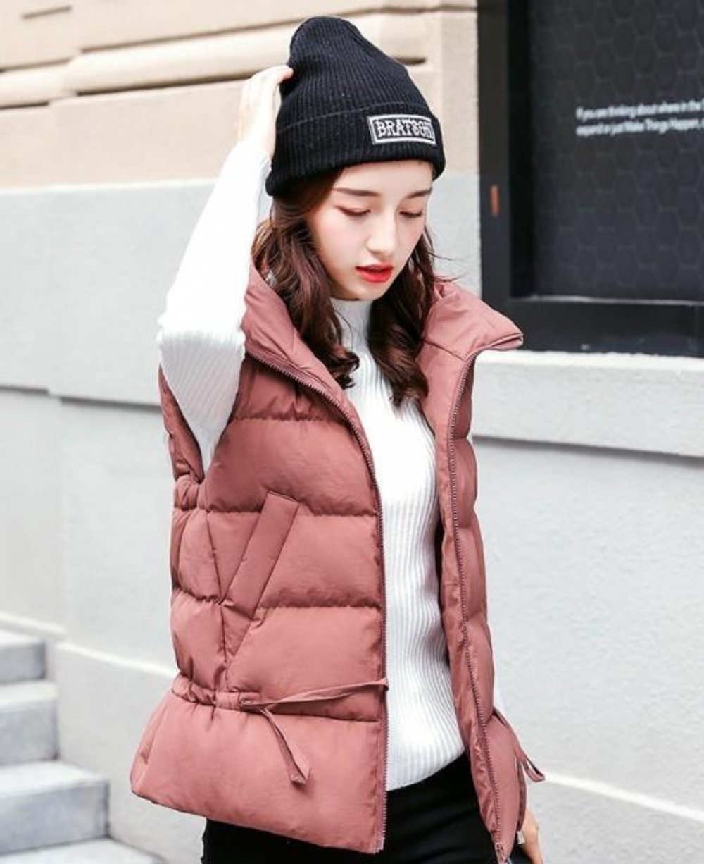 White Women's Puffer Vest with Zipper Closure and Hood