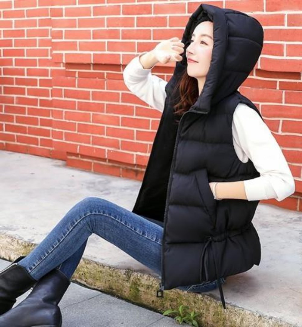 White Women's Puffer Vest with Zipper Closure and Hood