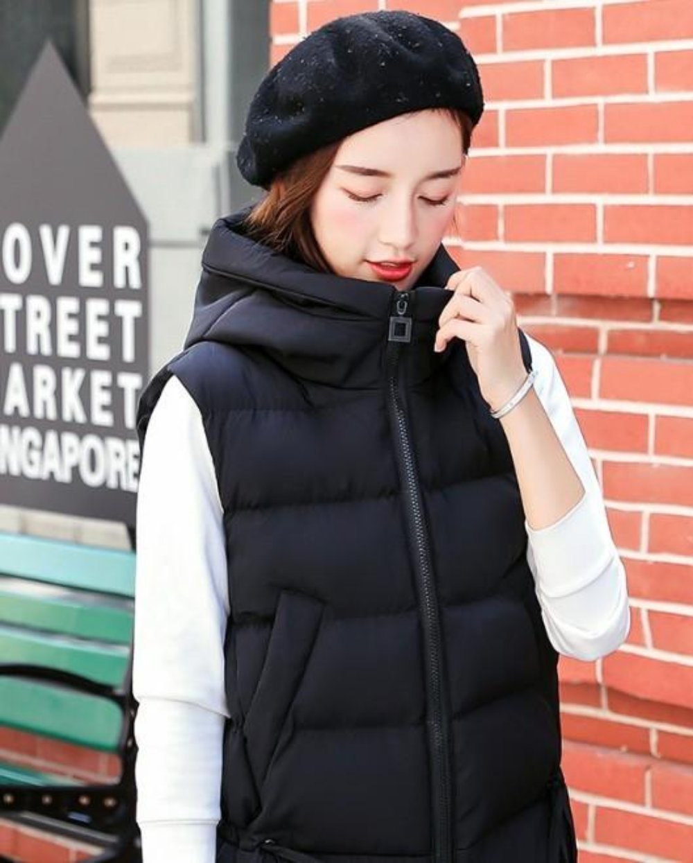 White Women's Puffer Vest with Zipper Closure and Hood