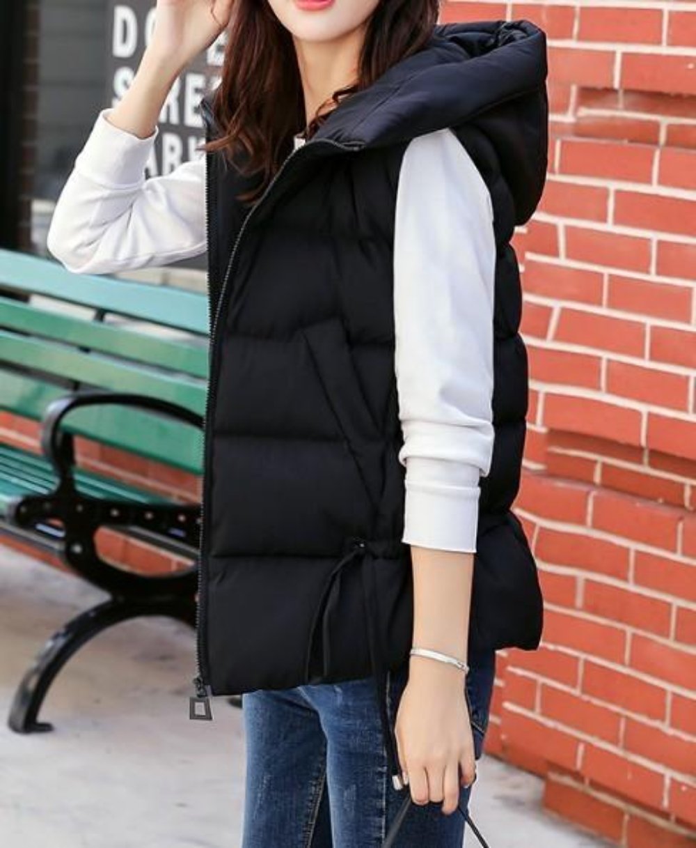 White Women's Puffer Vest with Zipper Closure and Hood