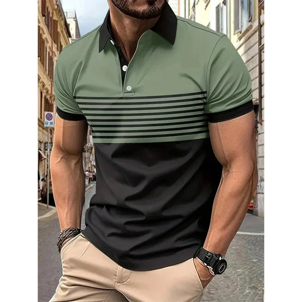Short Sleeve Casual Polo Shirt with Striped Print for Men