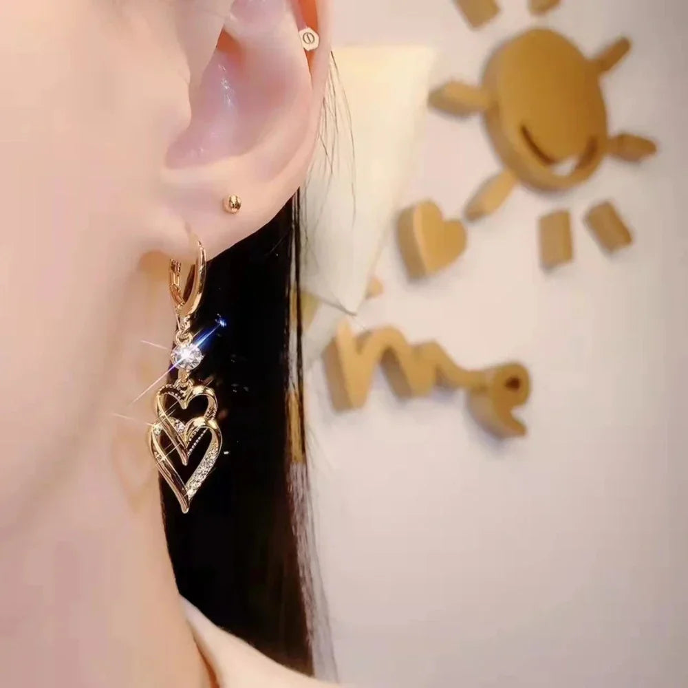 Layered Dropped Earrings with Dual Hearts