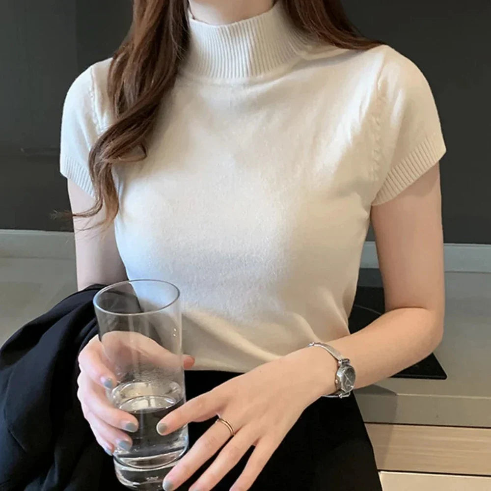 Slim Fitting Short Sleeve Turtle Neck Knitted Top for Women