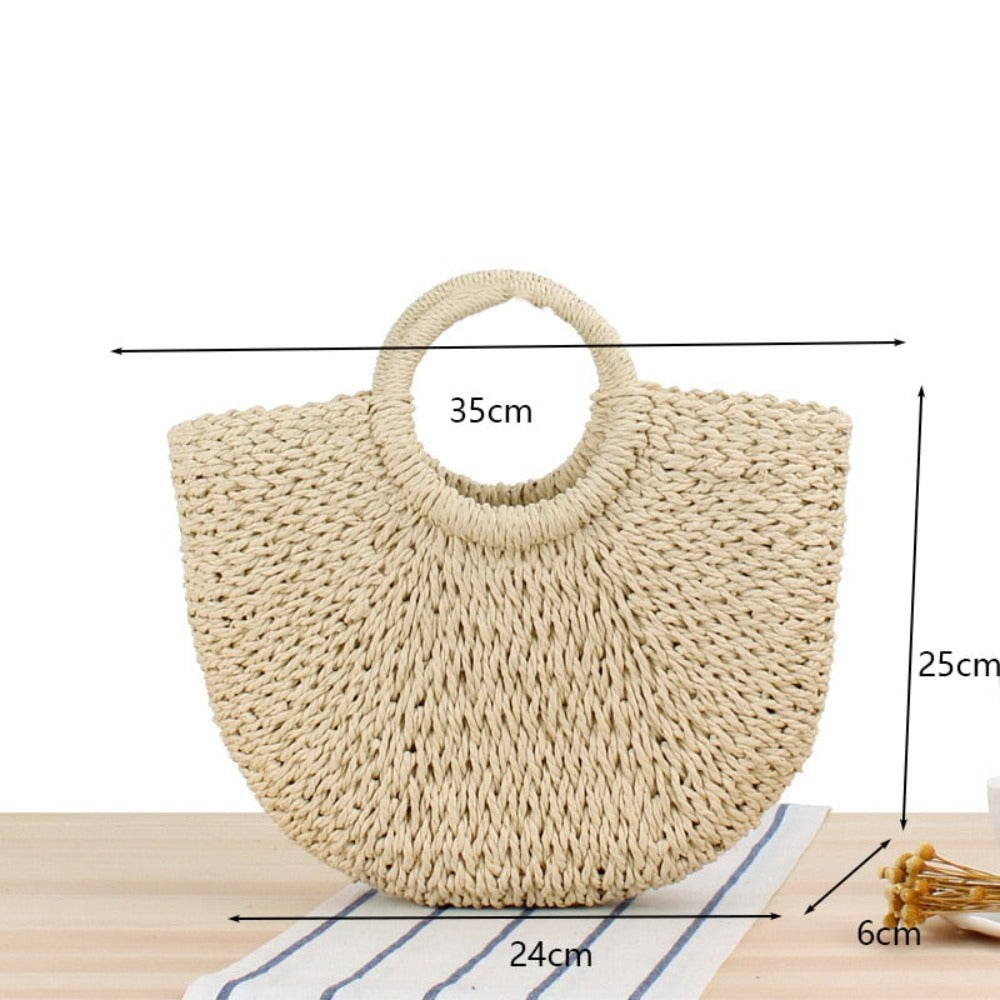 Summer Top Handle Circular Straw Bag