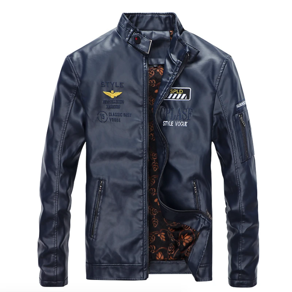 Vegan Leather Pilot Jacket with Stand Collar for Men