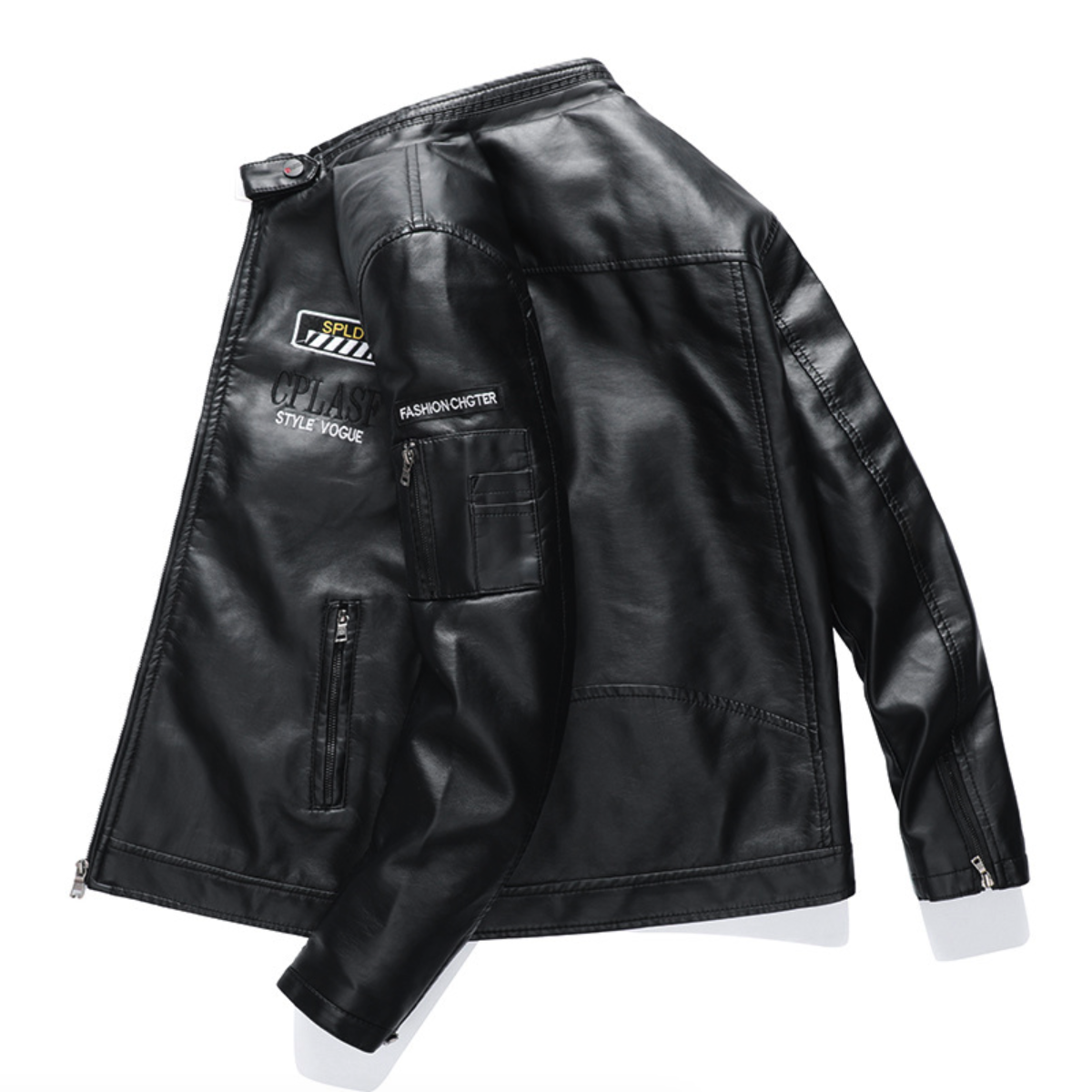 Vegan Leather Pilot Jacket with Stand Collar for Men