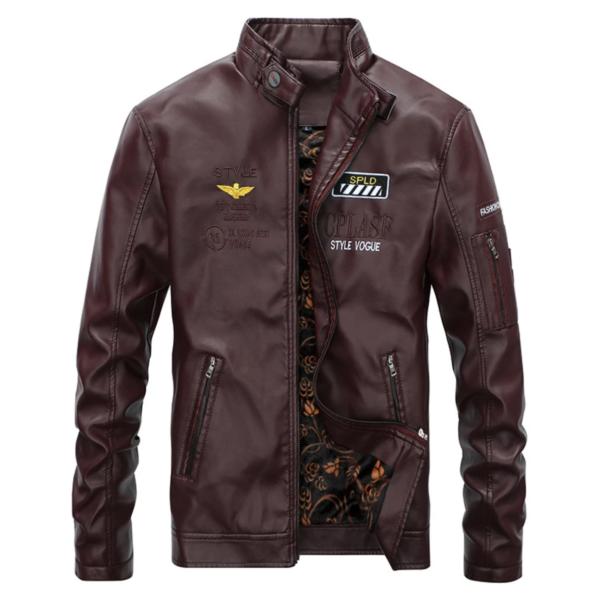 Vegan Leather Pilot Jacket with Stand Collar for Men