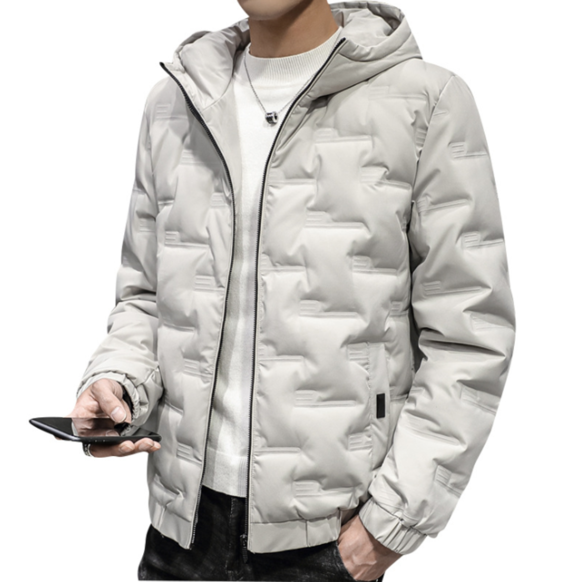 Hooded Puffer Jacket for Men with Zipper Closure